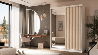 Produktbild von ALTDECOR Kleiderschrank mit Spiegel und Schiebetüren, kugelgelagerte Führungsschienen und Aluminium-Leisten - LAMELO - 160 cm - Weiß/Weiß/Artisan