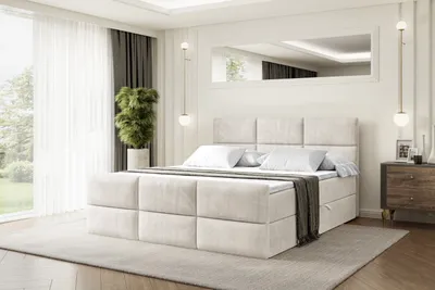 A bedroom scene with a bed as the main focus, set against a backdrop of large windows with sheer curtains and a mirrored wall.