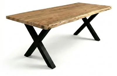 Produktbild von Baumkantentisch Cali 300 x 100 cm, Akazienholz massiv naturfarben, 50 mm Tischplatte, Esstisch mit X-Metallgestell Schwarz, Industrial-Design