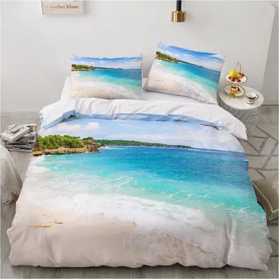 Zdjęcie produktu dla Komplet pościeli 155x220 cm, 3-częściowy, motyw plażowy, kolor niebieski i biały, wykonany z mikrofibry, z zamkiem błyskawicznym. Zawiera: jeden pokrowiec na kołdrę (155x220 cm) i dwa poszewki na poduszki (80x80 cm)
