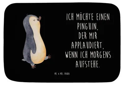 Produktbild von Mr. & Mrs. Panda duschmatte Pinguin marschieren - Schwarz - Geschenk, Badematte, Duschvorleger, Unausgeschlafen, Langschläfer, Teppich Bad, Badteppich, Aufstehen, Familie