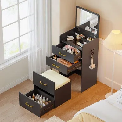 Productafbeelding van SnelShoppen - Hoekkaptafel met Spiegel en Kruk, Make-uptafel met Veel Opbergruimte en Laden, Kaptafel voor Kleine Slaapkamer, Modern Design in Wit