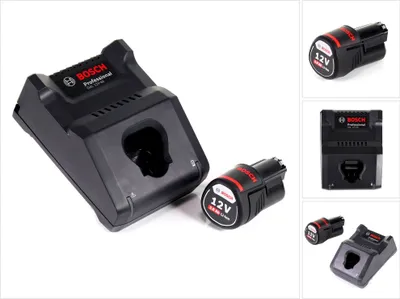 A collage of images showing a Bosch battery charger and a Bosch 12V battery.