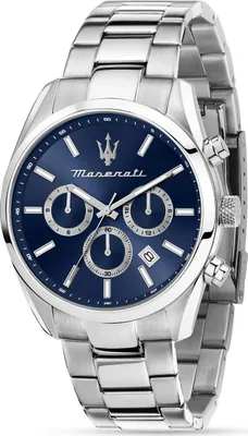 A close-up studio shot of a men's Maserati watch.