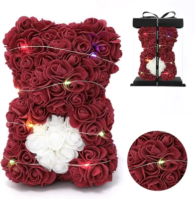 Produktbild von Teddybär Aus Rosenblättern, Led, Burgunderrot, In Einer Box, Geschenkidee Zum Valentinstag, 25 Cm