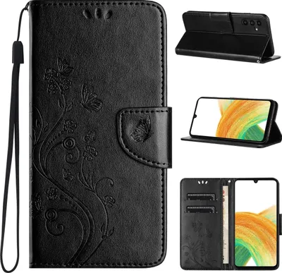Produktbild von Mobigear Flowers Samsung Galaxy A55 Hülle Klapphülle Geldbörse - Schwarz