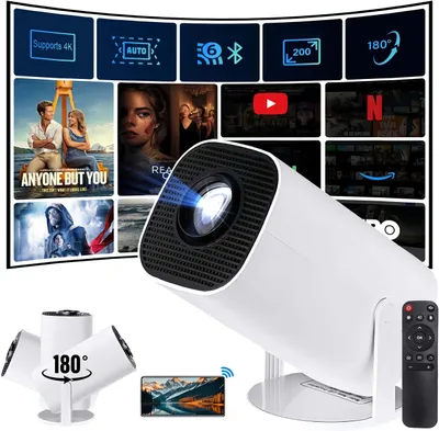 A collage of images showcasing a white mini projector, its features, and various media content it can display.