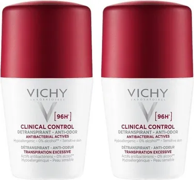 Two Vichy Clinical Control Antitranspirant Detranspirant 96H bottles are shown side-by-side against a white background.