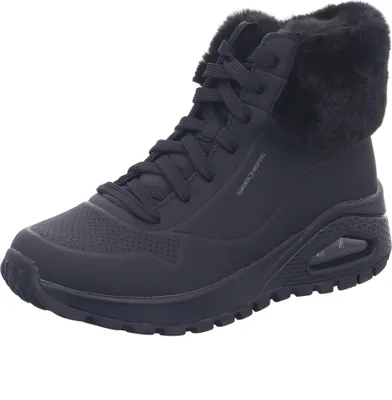 A black Skechers boot with fur trim.