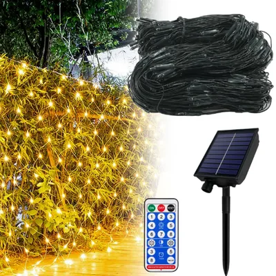 Productafbeelding van XMTECH Zonne-energie LED-lichtnet, lichtketting, 3 x 2 meter, 250 LED's, lichtnet, lichtgordijn met zonnepaneel, decoratie, warm wit