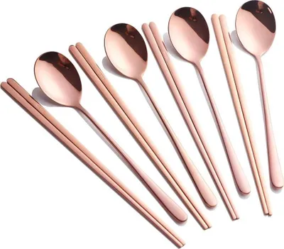 Produktbild von Essstäbchen- und Löffelset, 4-farbig, wiederverwendbar, aus Edelstahl, koreanisches Essstäbchen- und Löffelset, Weihnachtsgeschenk