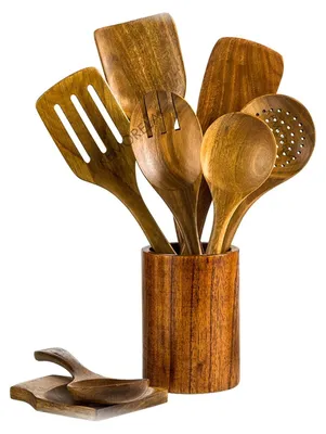 Produktbild von Küchenutensilien-Set 9-teilig Teakholz mit Halter Kochlöffel Pfannenwender