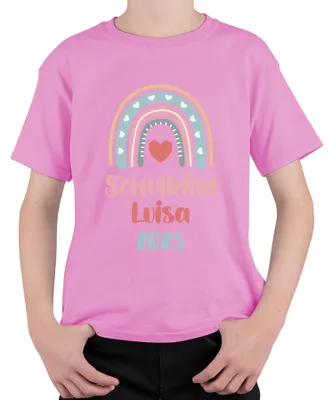 Produktbild von Regenbogen Herz Schulkind personalisiert mit Namen 2025 | Einschulung Schulanfang Mädchen Geschenk Uni Kinder T-Shirt, Pink, 116
