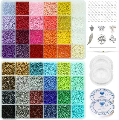 Productafbeelding van Kralen van glas, maat 4 mm 6/0, 48 kleuren, incl. opbergdoos, ca. 16.800 stuks met open ringen, bedels, elastisch koord en rijgnaalden