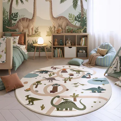 Produktbild von Homebyhome Kinderteppich Dinosaurier Spielteppich rund 160 cm für Kinderzimmer in Creme Dino Motiv ideal als Spielunterlage
