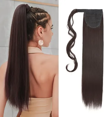 Image de Extensions de cheveux synthétiques en forme de queue de cheval, 58 cm, lisses, brun foncé, à clip