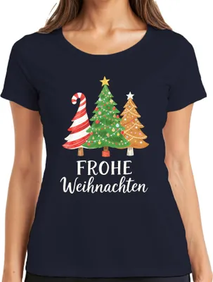 Produktbild von FROHE Weihnachten Weihnachtsbaum Tannenbaum Zuckerstange Lebkuche Damen T-Shirt, Navy, L