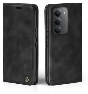 A black flip case for a smartphone, shown from two angles.