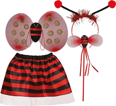 Produktbild von Marienkäfer Kostümset Karneval Strahlende Flügel Streifenrock Zauberstab Glitzer Antennen Fasching, Farbe: Rot