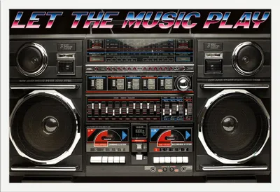 Produktbild von Ghettoblaster - Poster - 80s Boombox – Let the music play + Wechselrahmen, Shinsuke® Maxi MDF weiss, Acryl-Scheibe