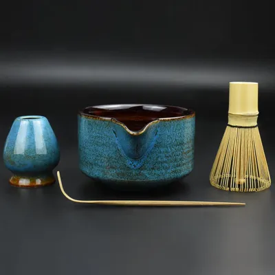 Image de Ensemble de cérémonie du thé Matcha, 4 pièces, céramique, bambou, bleu