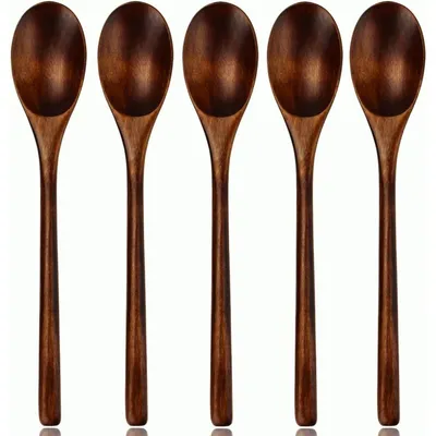Obrázek produktu pro Japonské dřevěné lžíce Nanmu, 5 kusů, 22,5 cm dlouhé, s ergonomickou rukojetí, na polévku a vaření