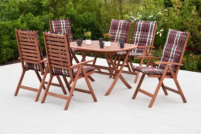 Produktbild von Merxx Gartenmöbelset Borkum 13tlg., 6 Klappsessel, 6 Auflagen, 1 Klapptisch 135 x 85 x 74- Eukalyptus