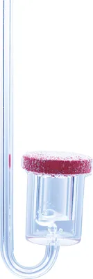 A close-up shot of a clear glass CO2 diffuser with a red porous head, set against a white background.