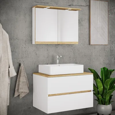 Produktbild von VCM 3-tlg. Waschtisch Set mit Keramikbecken, Badschrank mit 2 Softclose-Schubladen, Spiegelschrank mit Beleuchtung und Steckdose, Maße Unterschrank H. 51 x B. 80 x T. 51 cm, Cosila-A