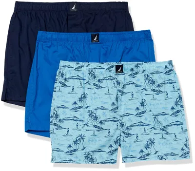 Obrázok produktu pre Pánske boxerky značky Nautica, vyrobené z bavlny, s tkaným vzorom, modré/tmavomodré/s tropickým motívom (ryby)