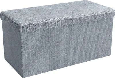 A gray fabric storage ottoman is shown against a white background.
