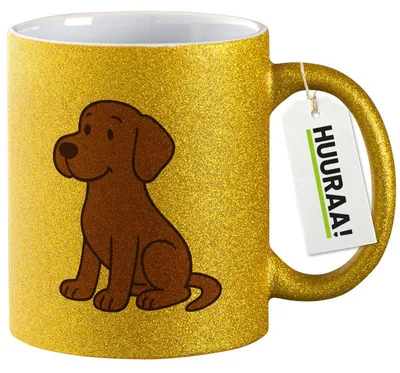 Produktbild von Huuraa Glitzertasse brauner Labrador Retriever Chocolate Labi Comic 330ml Gold Keramik Kaffeebecher Geschenkidee