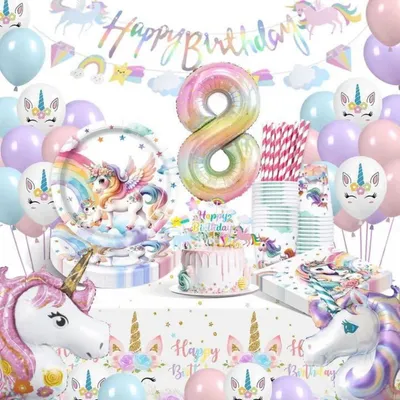 Immagine prodotto di Set di stoviglie a tema unicorno, 16 pezzi, con palloncini