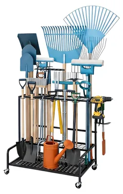 Image de Support à outils de jardin Relaxdays sur roulettes, 12 crochets, pour garage ou abri de jardin, robuste, support à outils mobile, en acier, noir