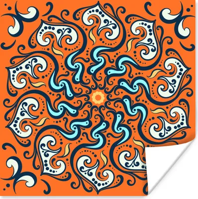 Produktbild von MuchoWow® Poster Mandala - Blätter - Blau - Orange 30x30 cm - Wandposter - Printing