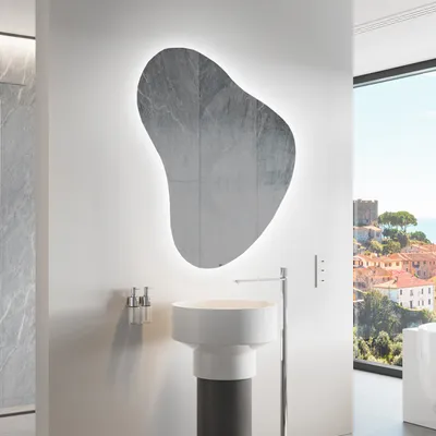 Obrázok produktu pre Moderne Ozdobne Nepravidelné zrkadla na stenu s podsvietenim LED 64 x 74 cm | Farba LED: Biela studená 7000K | NERP221