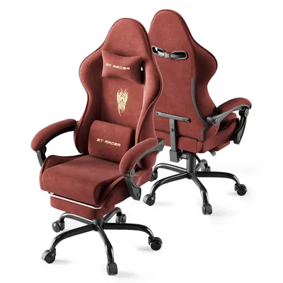 Produktbild von Arvioo Gaming Stuhl mit Fußstütze, Ergonomischer Gaming Chair aus Mikrofaser-Velours, Gamer stuhl, Gaming Sessel mit Massage Lendenkissen, Rot