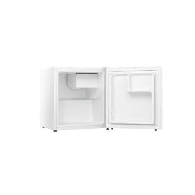 A white mini-refrigerator with its door open, showing the interior.