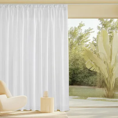 Image de Rideau semi-transparent en lin, avec ruban de fronces, de couleur blanche, dimensions : 245 cm de hauteur x 300 cm de largeur