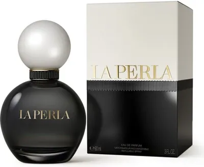 A perfume bottle and its packaging are displayed against a white background.