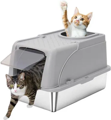 Imagen del producto de Arenero para gatos Unyqoos® de acero inoxidable con tapa: extra grande, con borde alto, superficie antiadherente, color gris claro, ideal para gatos grandes