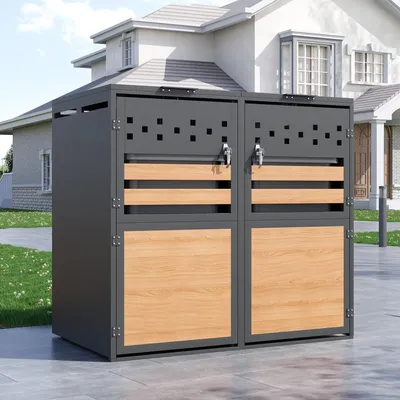 Image de Abri pour poubelles d'extérieur, abri pour poubelles avec couvercle rabattable, compartiments de rangement pour poubelles, verrouillable, deux portes