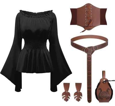 Produktbild von Mittelalter Piratenkostüm Damen Bluse mit Korsett Gürtel Gürteltasche Schwarz Größe M