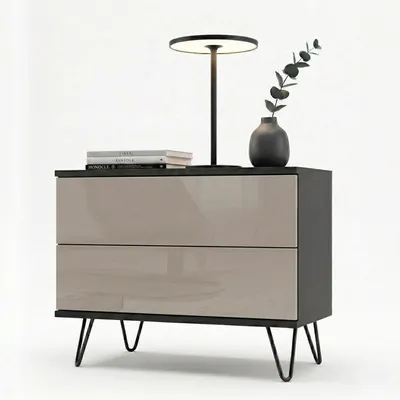 Produktbild von InnoFurn Nachttisch Aura, 2 Schubladen, Push-to-Open, Schwarz matt/Sandgrau Hochglanz, 60 x 43 x 35 cm
