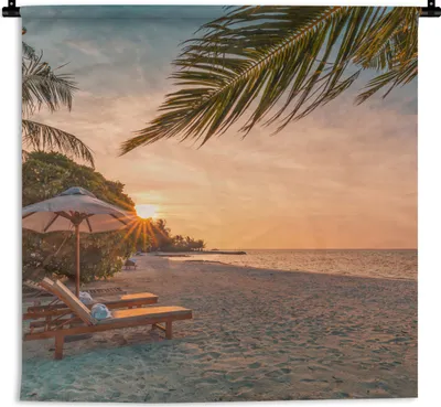 Produktbild von MuchoWow® Wandteppich Wandbehang Strand - Strandkorb - Sonnenuntergang 120x120 cm Tapisserie Dekoration Wandtuch - Modern - Baumwollgewebe