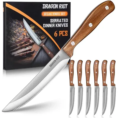 Produktbild von Steakmesser Set 6-teilig mit Holzgriff in Geschenkbox | Edelstahl | Halbwellenschliff | VG-10 Stahl