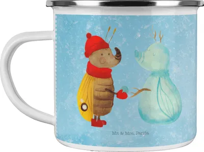 Produktbild von Mr. & Mrs. Panda Teetasse Nachtfalter Schneemann - Eisblau - Geschenk, Weihnachtsgruß, Winterzeit, Pott, Schnee, Emaille Tasse, Winter, becher, Weihnachten, Haferl