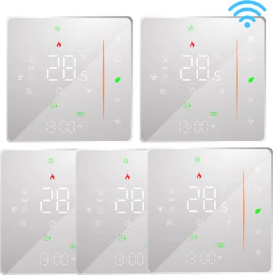 A collage of five images of a white smart thermostat with a digital display.