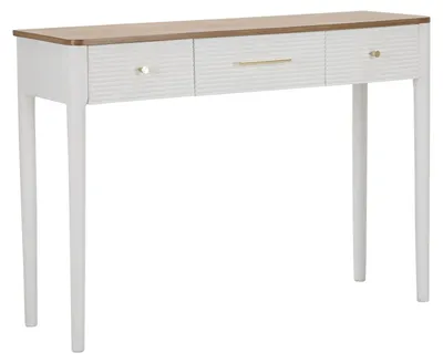 Produktbild von MATERA Konsolentisch 107x37x80 cm - Weißer und brauner Holzkonsolentisch mit 3 Schubladen und goldenen Details - Boho-Chic-Stil