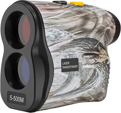 A camouflage-patterned laser rangefinder is shown against a light gray background.